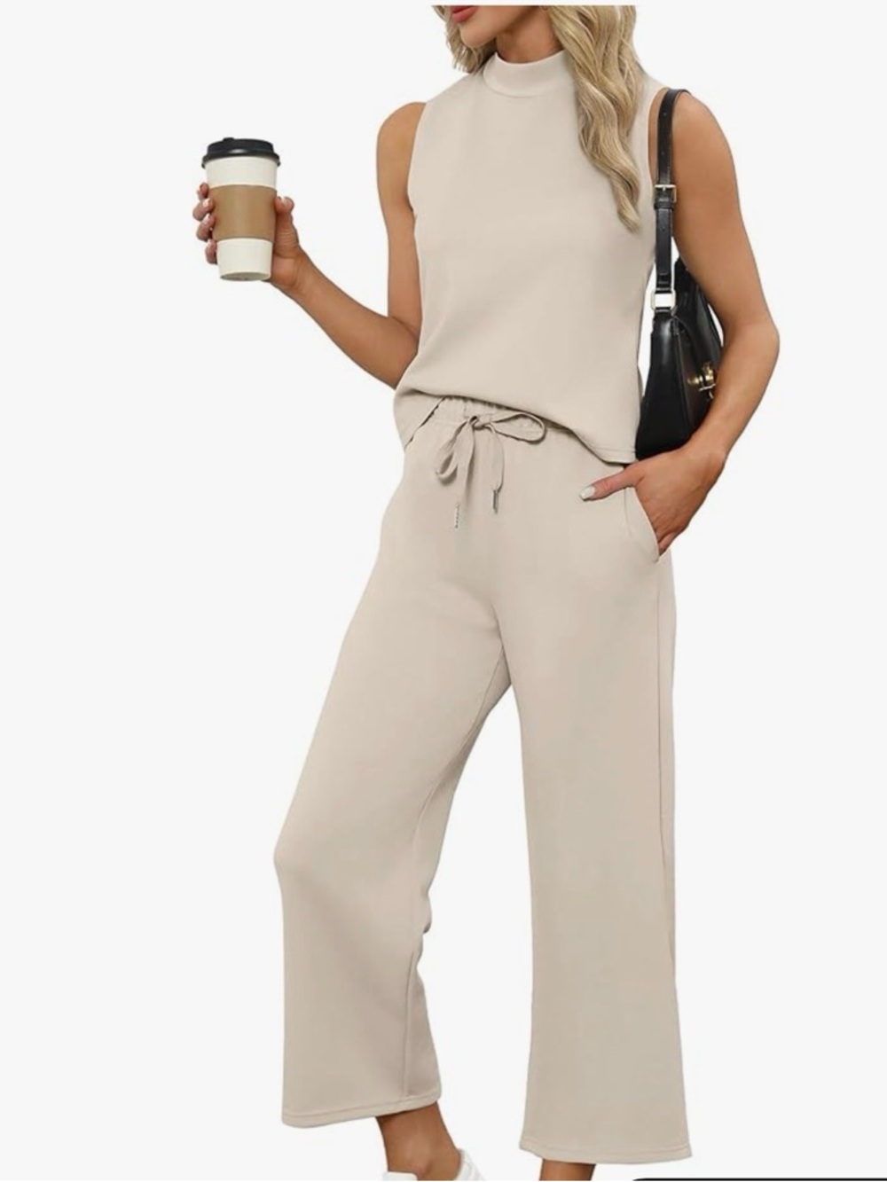 Women's Cream Wide-Leg Jumpsuit with Drawstring Waist